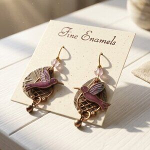 NWT Fine Enamels Mixed Metal Hummingbird Dangle Drop Earrings